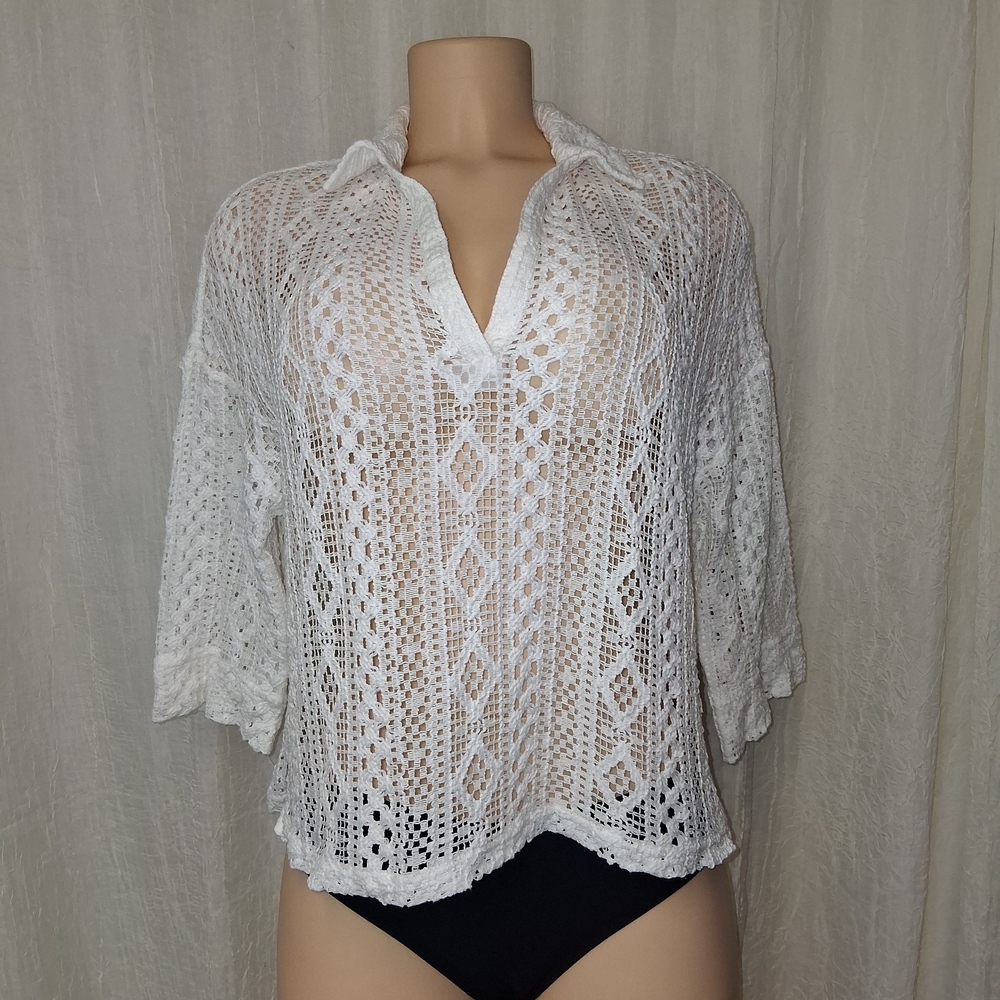 Marled Off-White Crochet Knit Top Women Size S